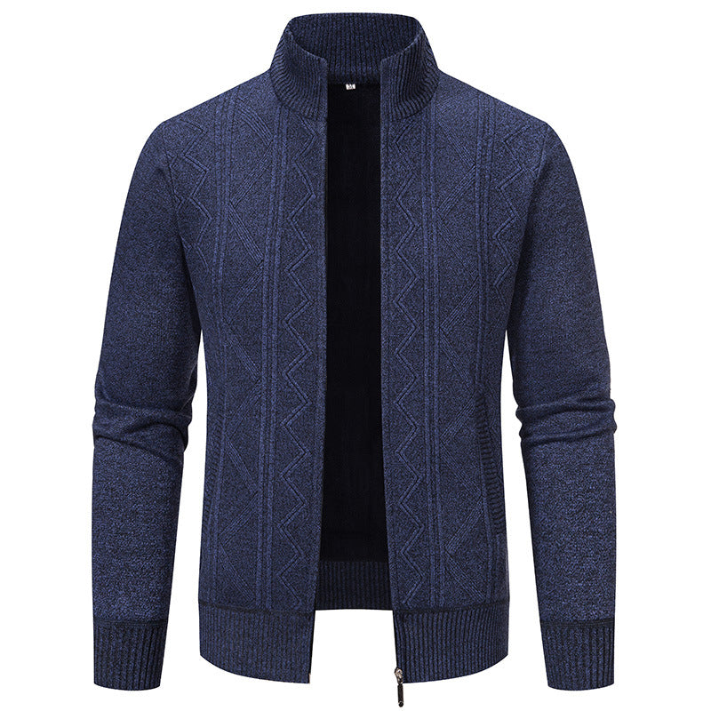 Men's knitted zip cardigan with stand-up collar, geometric textured pattern and concealed pockets Mune Fashion
