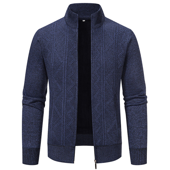 Men's knitted zip cardigan with stand-up collar, geometric textured pattern and concealed pockets Mune Fashion