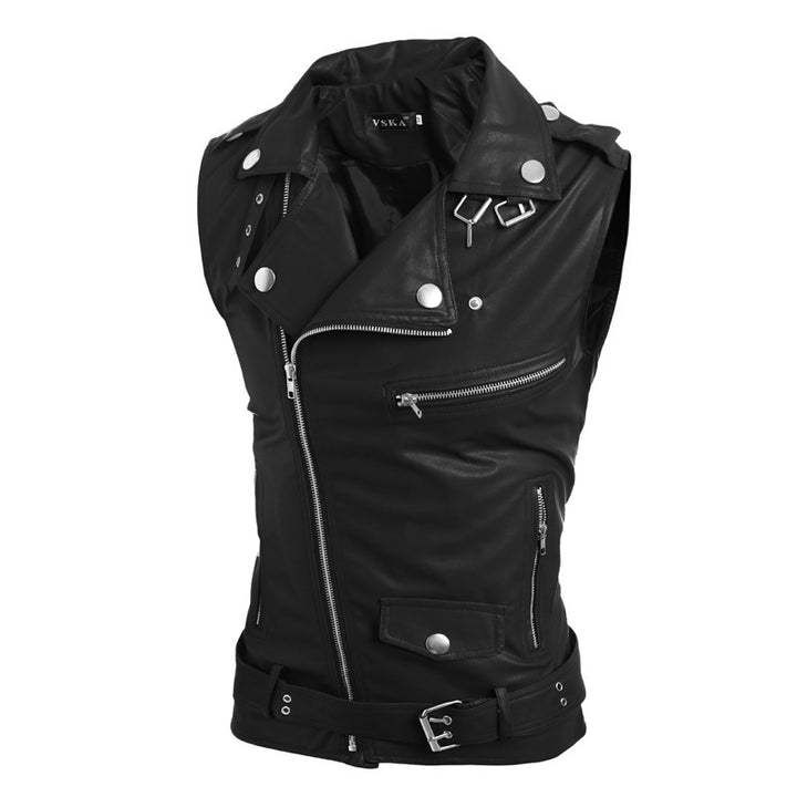 Men's sleeveless biker vest with asymmetric zipper, decorative belts and metal accents Mune Fashion