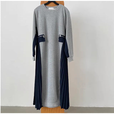 Women Long Oversize Sweat Dress with Round Neck, Pleated Side Inserts and Side Pockets Mune Fashion