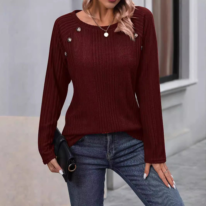 Women Fine Ribbed Knit Sweater with Decorative Button Placket and Round Neckline Mune Fashion