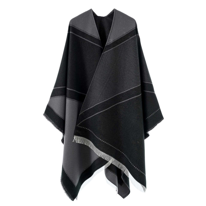Women's Large Wool Blend Fringe Poncho with Diagonal Contrast Stripes Mune Fashion
