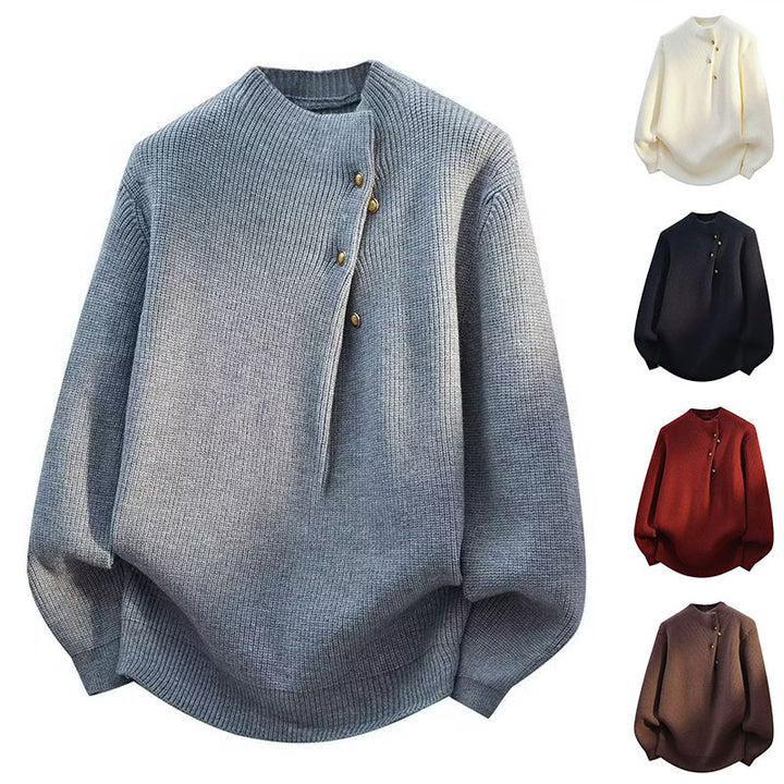 Women's Fashionable Stand Collar Sweater with Button Details Mune Fashion