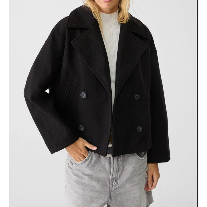 Women's Short Double-Breasted Wool Blend Peacoat with Oversized Lapels Mune Fashion