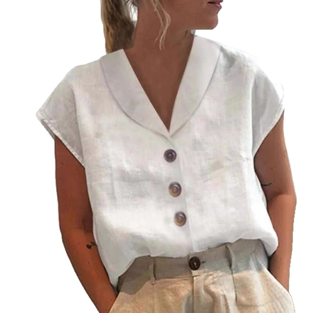 Women's casual linen blouse top with notched collar and wood button placket Mune Fashion