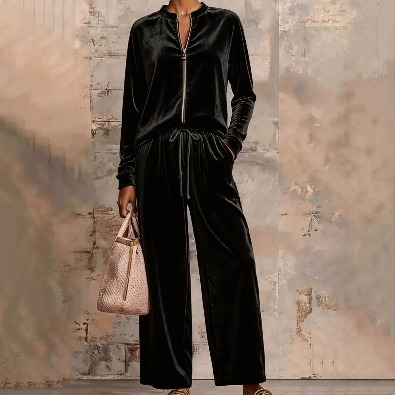 Women's Velvet Lounge Set with Stand Collar, Half Zipper and Wide Palazzo Pants Mune Fashion