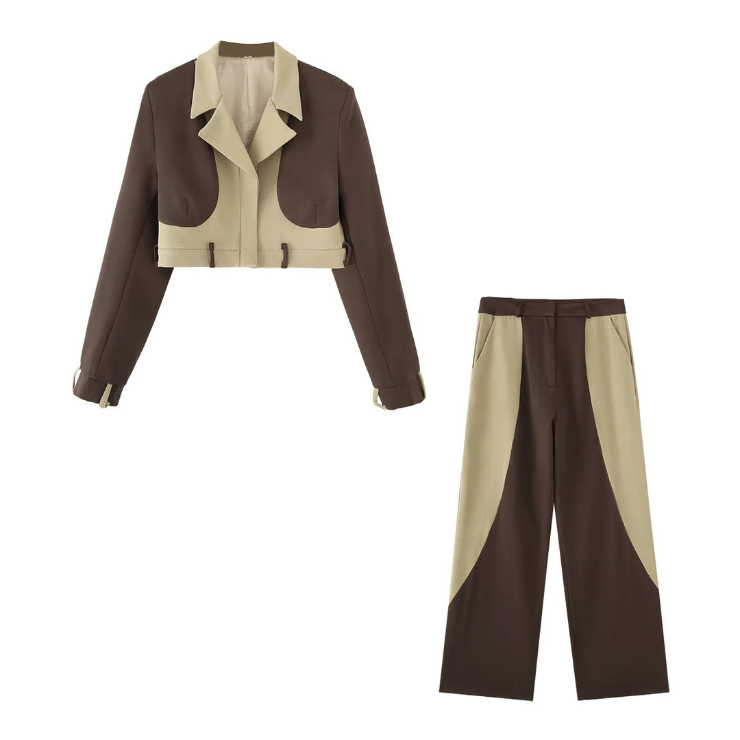 Women nan short two-piece set: blazer with lapel collar and high waist wide-leg pants in color block design Mune Fashion