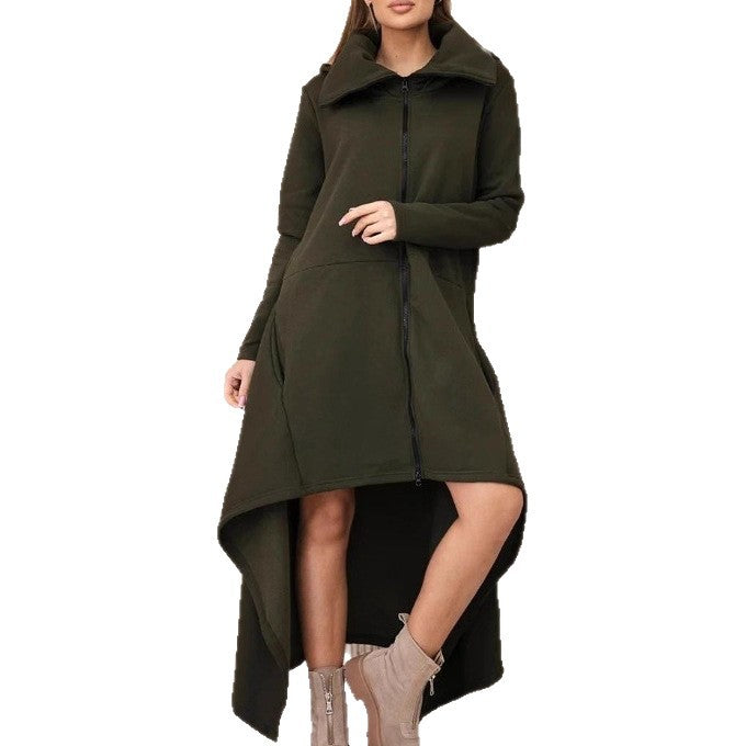 Women's nan asymmetrical sweatshirt dress with high stand-up collar, full-length zipper and extended back hem Mune Fashion