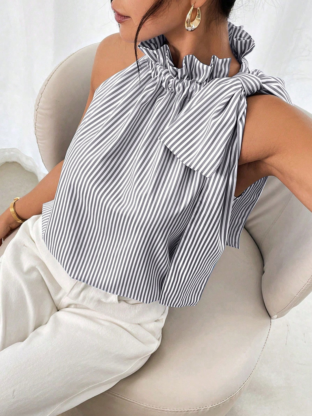 Women's Sleeveless Crepe Blouse with Gathered High Collar and Shoulder Bow Mune Fashion