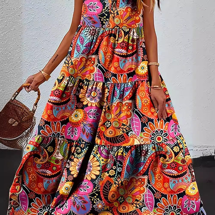 Women's layered Boho maxi dress with V-neck and gathered underbust seam Mune Fashion