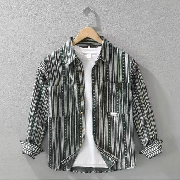 Men's overshirt in a casual worker style with vertical stripe pattern and patch pockets Mune Fashion