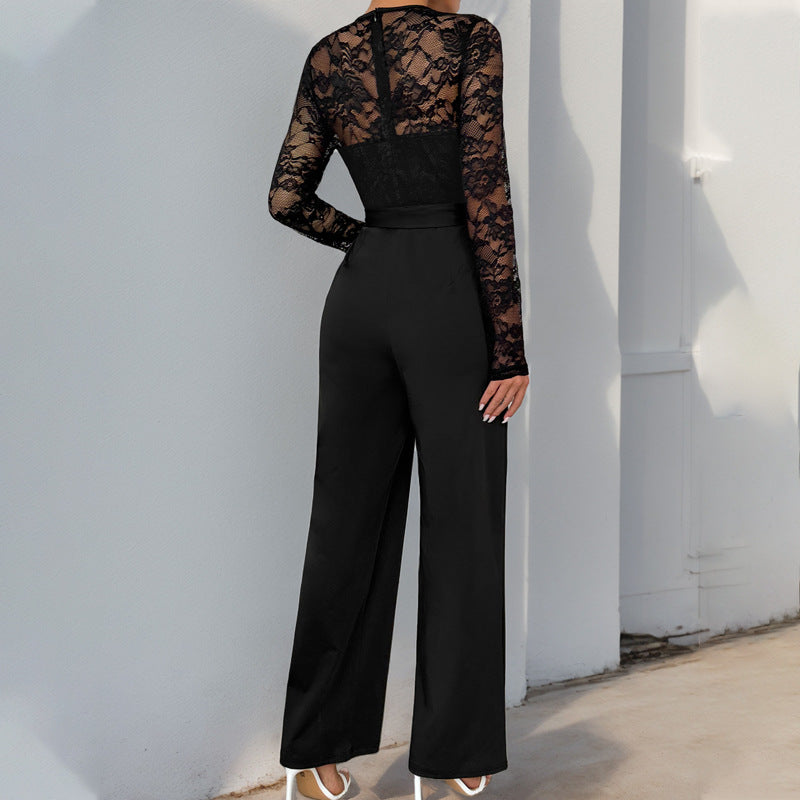 Women's lace jumpsuit with belted waist and wide leg Mune Fashion