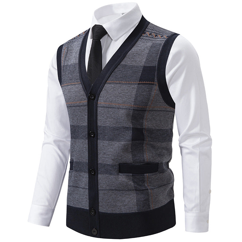 Men's Sleeveless Knit Vest with Diamond Pattern, V-Neck and Button Placket Mune Fashion