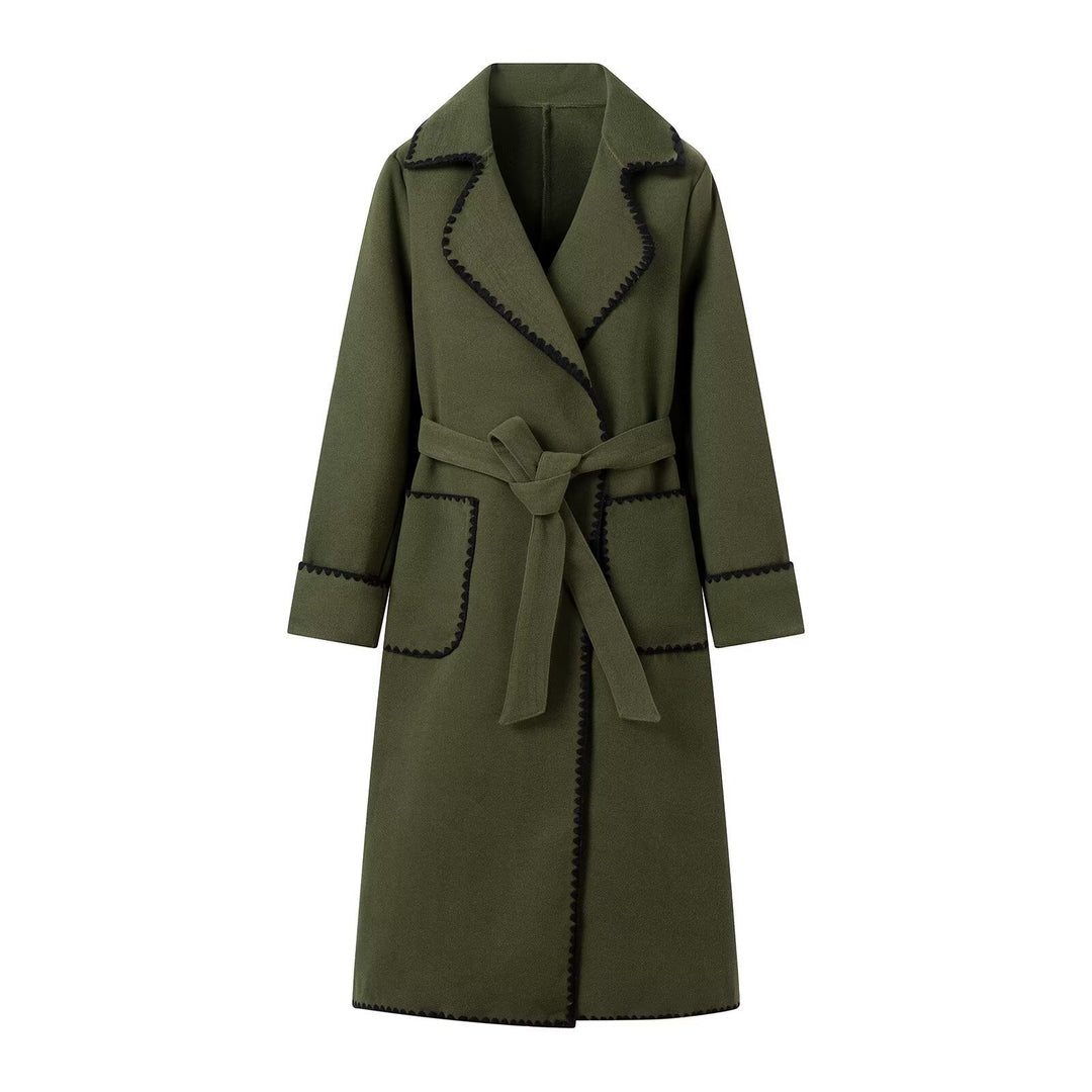 Women's Midi-Length Wool Blend Coat with Tie Belt and Zigzag Trim Mune Fashion