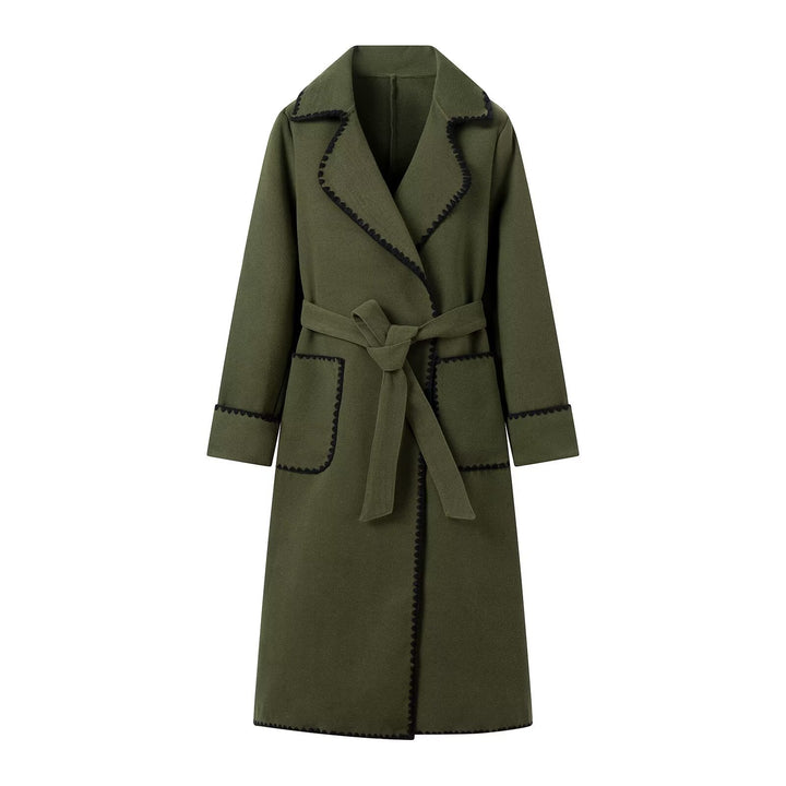 Women's Midi-Length Wool Blend Coat with Tie Belt and Zigzag Trim Mune Fashion