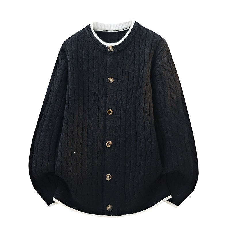 Women Oversize Cable Knit Cardigan with Round Neck, Wooden Button Placket & Contrast Trim Mune Fashion