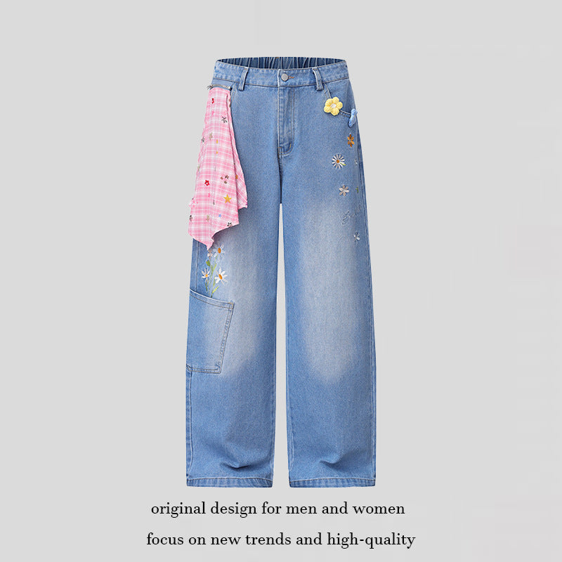 Ladies Wide High-Waist Denim Palazzo Jeans with Floral Embroidery, Cargo Pocket and Scarf Detail Mune Fashion