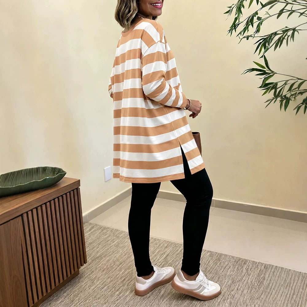 Women Oversized Striped Long Sleeve with Round Neckline and Rounded Hem Drune