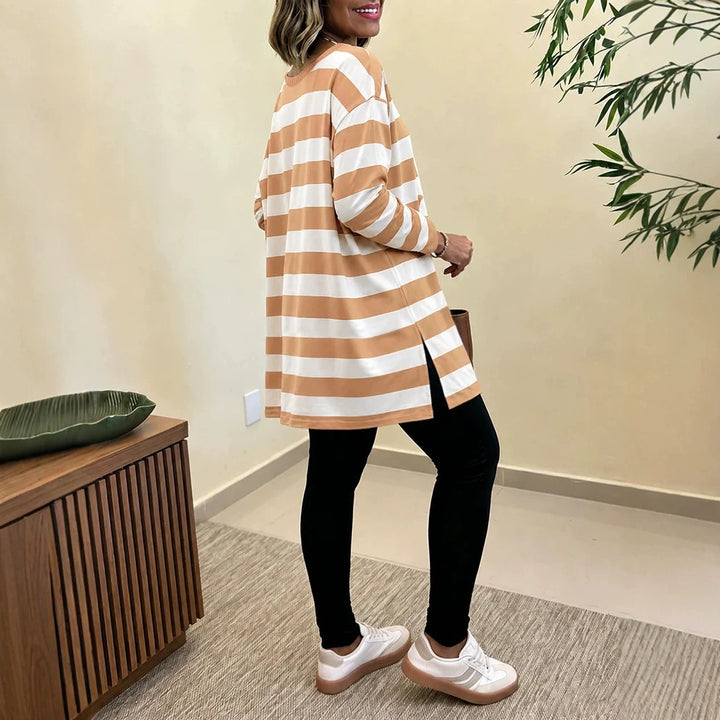 Women Oversized Striped Long Sleeve with Round Neckline and Rounded Hem Drune