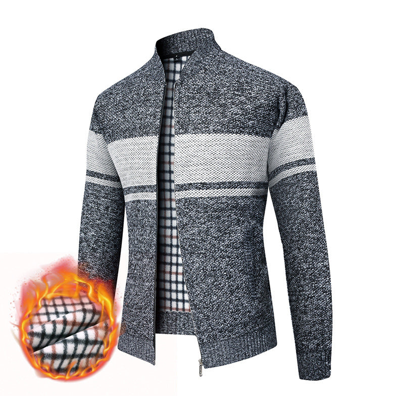 Men's thermal knitted zip jacket with stand-up collar and checkered fleece lining Mune Fashion