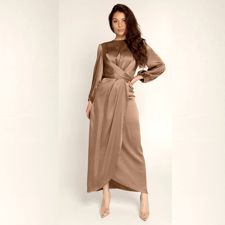 Ladies Elegant Maxi Dress in Satin with Wrap Detail, Long Sleeve and Waistband Mune Fashion