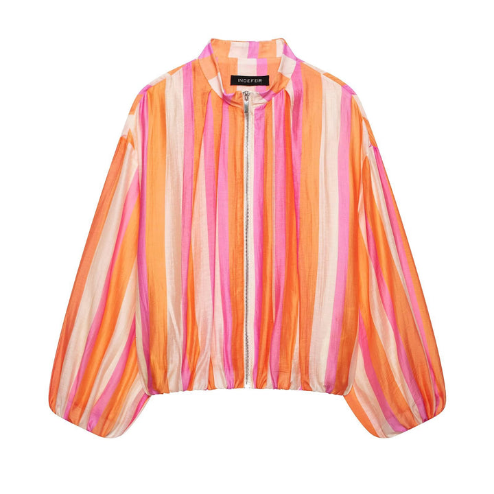 Women Striped Lightweight Bomber Jacket with Balloon Sleeves and Zipper Mune Fashion
