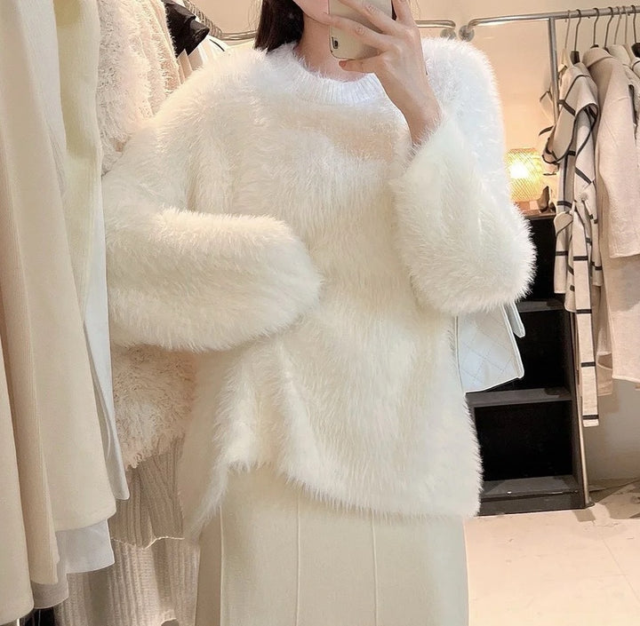 Women's Long Cut Cozy Fine Knit Sweater with Soft Plush Mix, Round Neckline and Casual Silhouette Mune Fashion