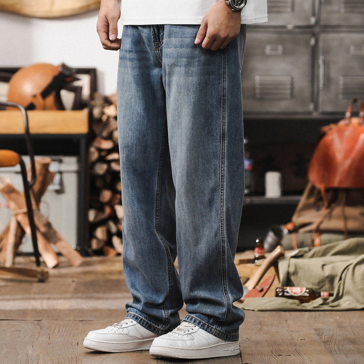 Men's Loose Straight-Leg Denim Jeans with Light Used Wash and Low Crotch Mune Fashion