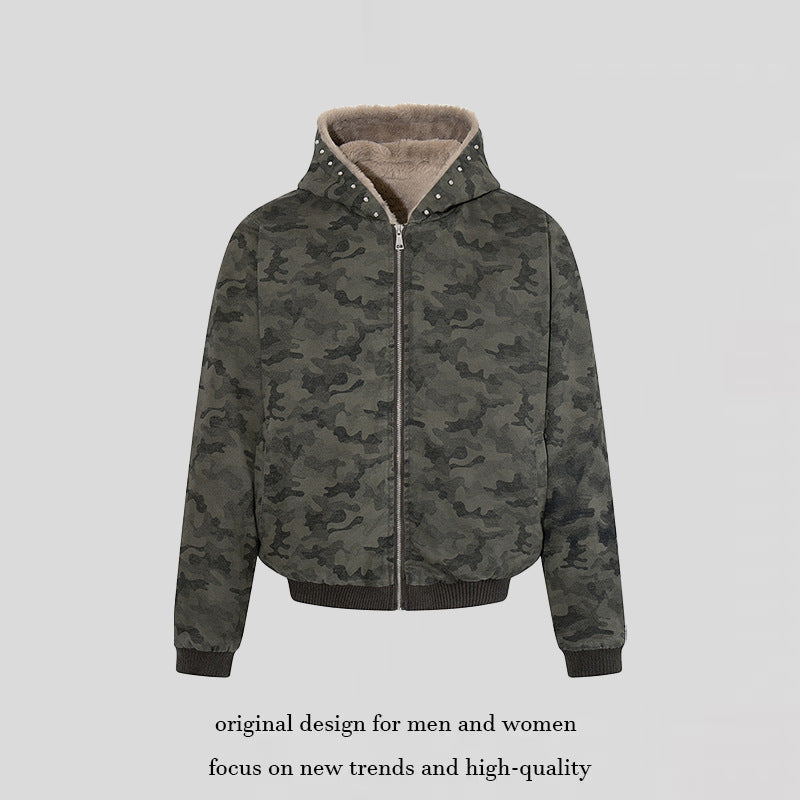 Women's padded camouflage bomber jacket with teddy lining, hood, and ribbed cuffs Mune Fashion