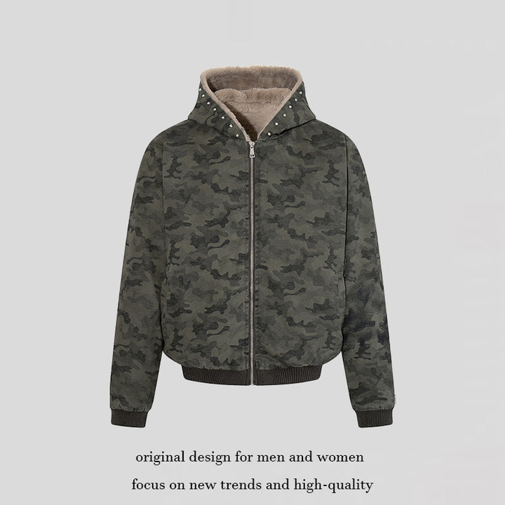 Women's padded camouflage bomber jacket with teddy lining, hood, and ribbed cuffs Mune Fashion