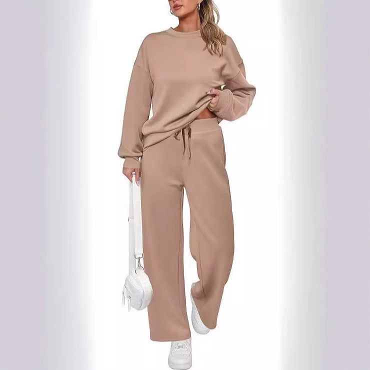 Women's two-piece French terry lounge set with oversized round neck pullover and wide high waist jogger Mune Fashion