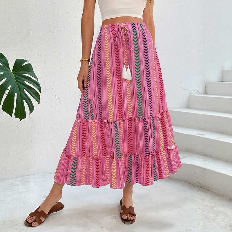 Women's Casual Maxi Skirt with Ruffles and Ties Mune Fashion