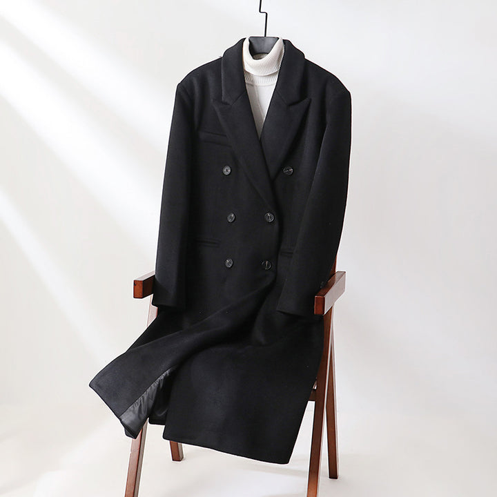 Men's Classic Double-Breasted Long Coat made of Wool Blend with Shawl Collar and Fine Lining Processing Mune Fashion