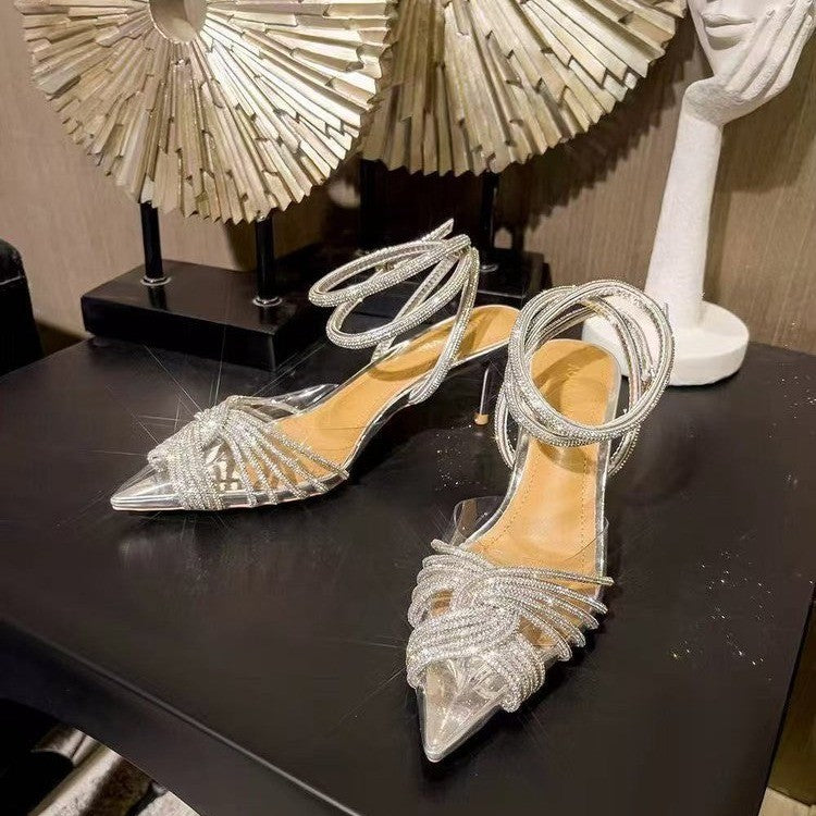 Women's Elegant pointed-toe strap sandals with sparkly rhinestone straps and narrow stiletto heel