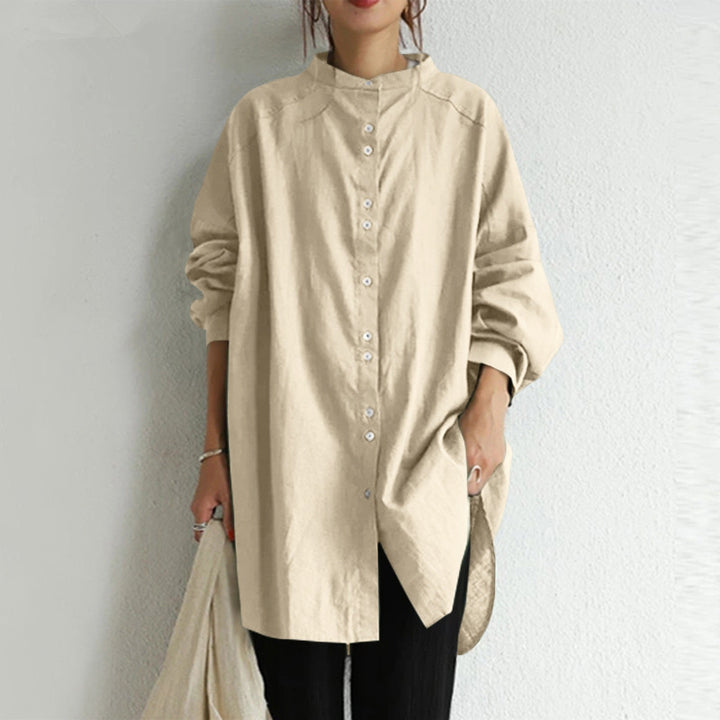 Women's casual oversized tunic blouse with stand-up collar, button placket and side slits Mune Fashion