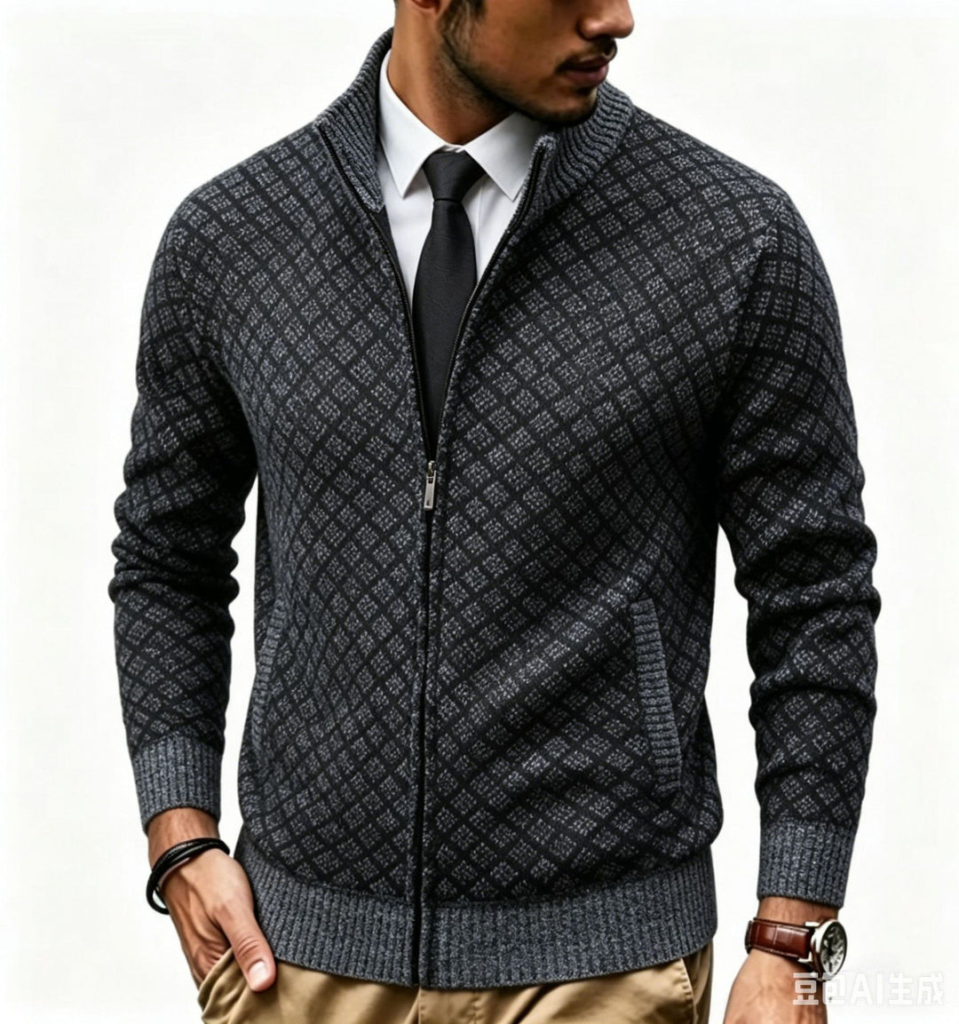 Men's Structured Cardigan with Stand-up Collar and Diamond Jacquard Mune Fashion