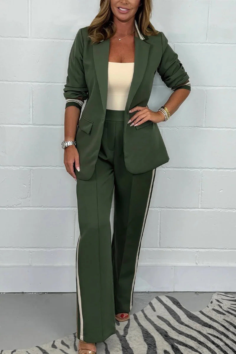 Women's fitted long blazer pant set with crease, wide leg and side piping Mune Fashion