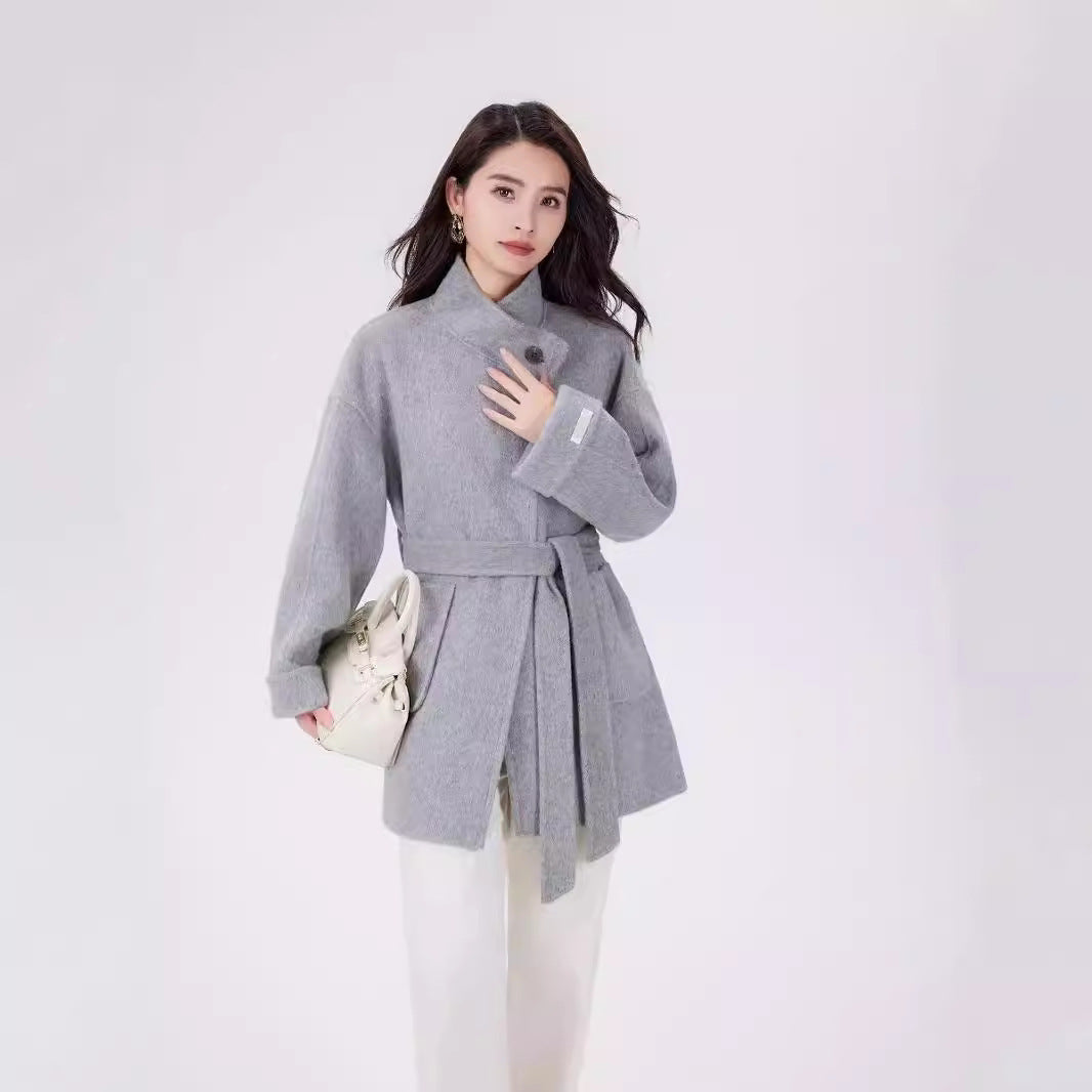 Women's Short Wrap Wool Coat with High Button Placket and Patch Pockets Mune Fashion