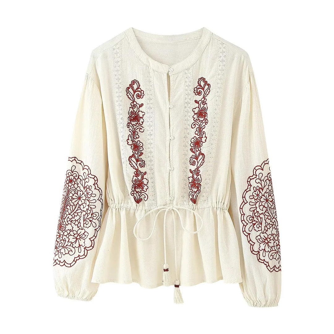Women embroidered Boho blouse with drawstring waist, lace trim and ruffled hem Mune Fashion