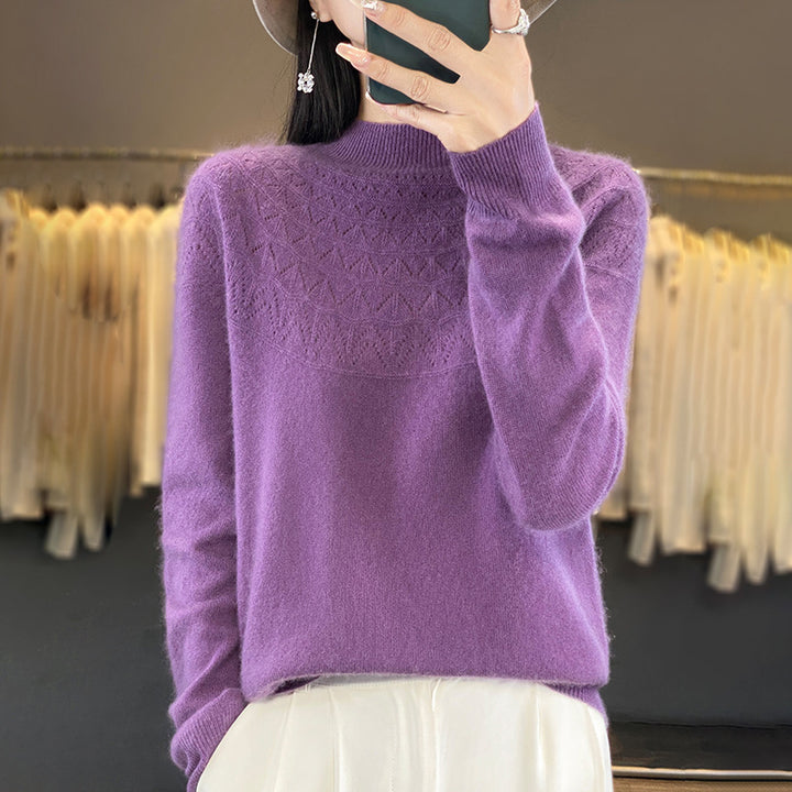 Women's Cozy Mohair Look Pullover with Decorative Structure on the Top and High Collar Mune Fashion