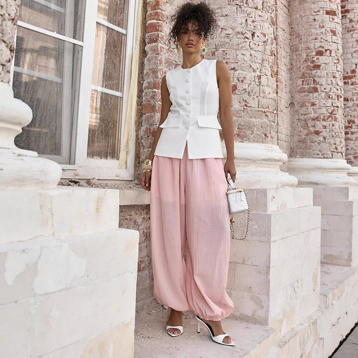 Women Lightweight Balloon Pants with Elastic Waistband, Drawstring & Ruched Ankle Cuff Mune Fashion