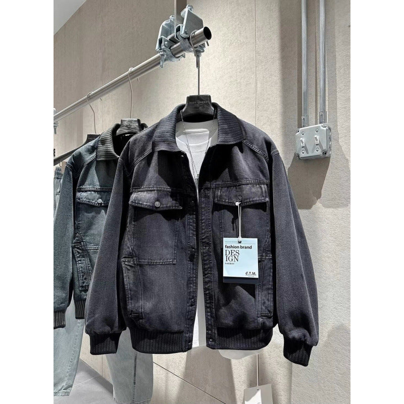 Men's Loose-Fitting Denim Jacket with Ribbed Contrast Collar and Vintage Wash Mune Fashion