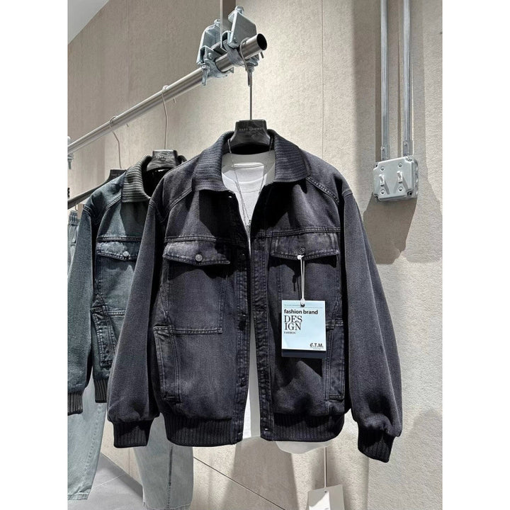 Men's Loose-Fitting Denim Jacket with Ribbed Contrast Collar and Vintage Wash Mune Fashion