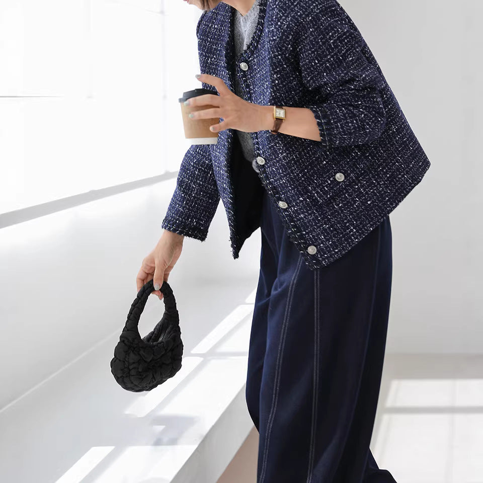 Women Elegant Short Sleeve Tweed Coat Mune Fashion