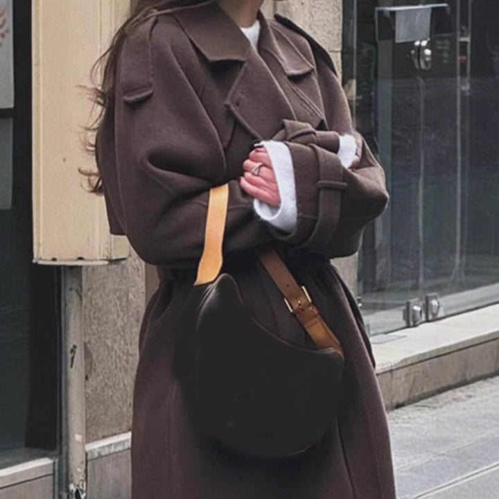 Women Extravagantly Cut Oversized Wool Coat with Epaulettes and Wide Shawl Collar Mune Fashion