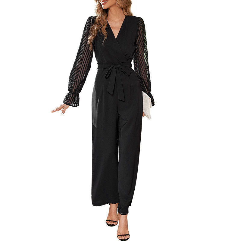 Ladies Elegant Jumpsuit with Off-Shoulder Design and Transparent Sleeves Mune Fashion