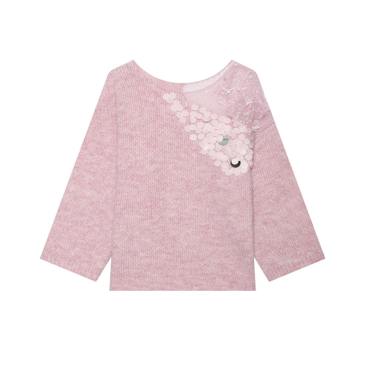 Women's Boxy Knit Sweater with Sequin Application and Lace Trim Mune Fashion