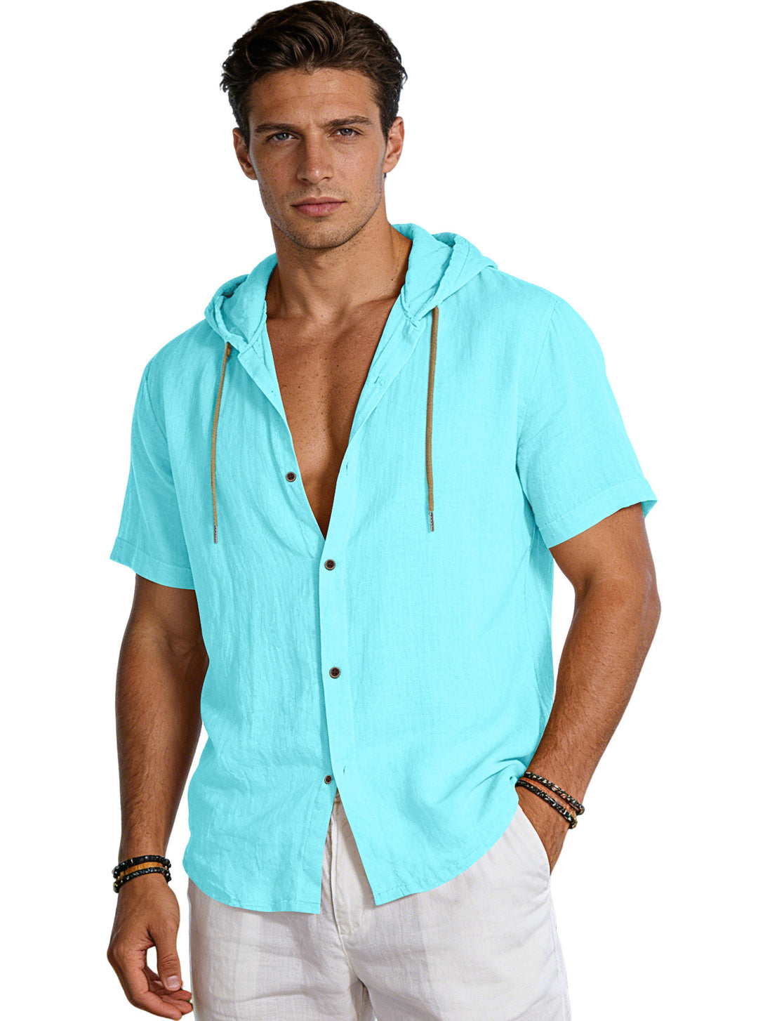 Men's crinkled short-sleeve hooded shirt made of cotton with button placket and drawstring Mune Fashion