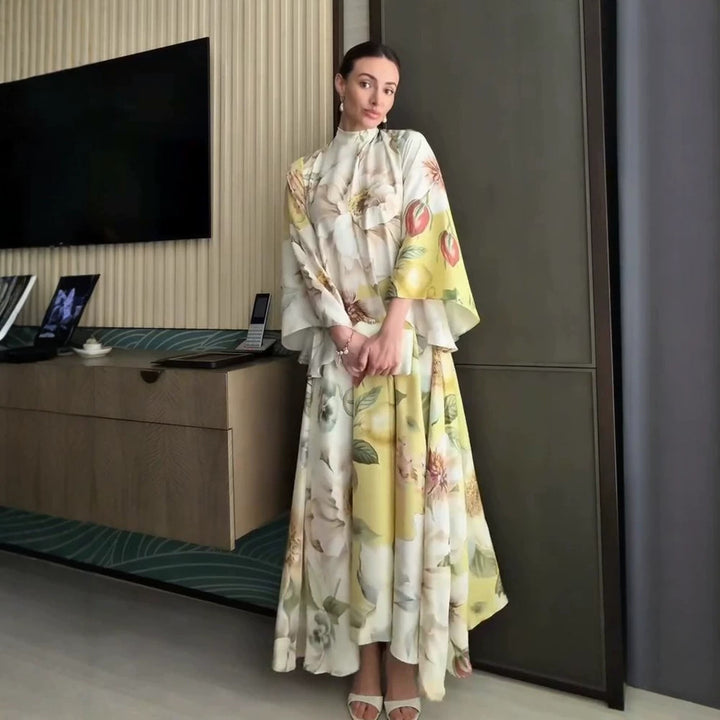 Women Floral Maxi Dress with High Stand Collar and Wide Bell Sleeves Mune Fashion