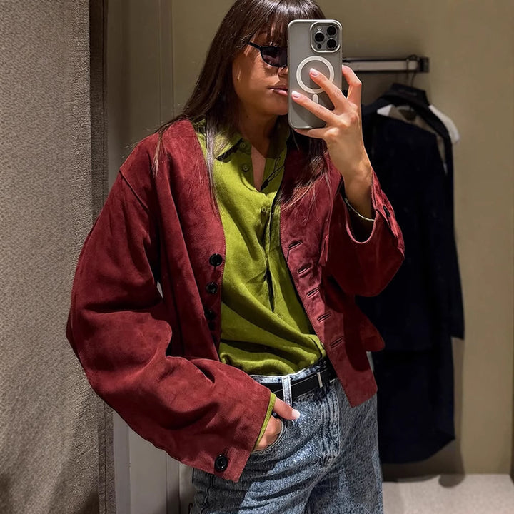 Women short-cut suede jacket with button placket and straight cut Mune Fashion